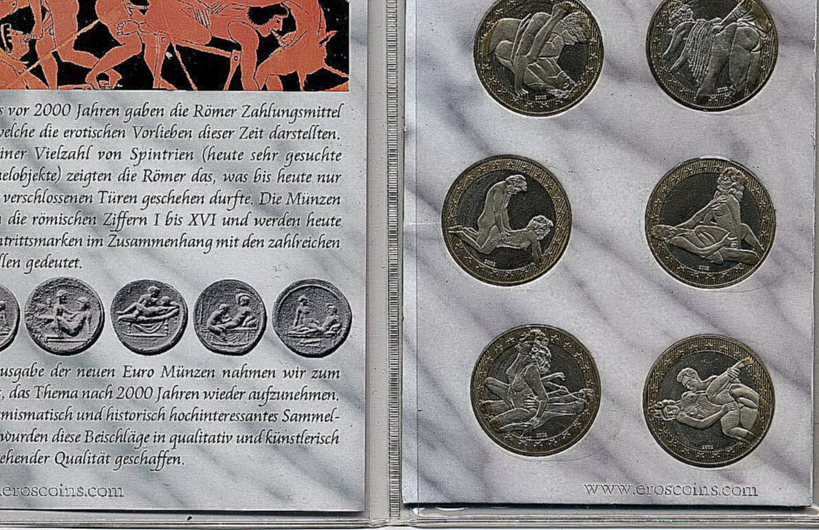 Секс-евро (набор из 6 монет номиналом 6 евро с изображением сцен из Камасутры. Игра слов: sex - шесть. Не являются платежным средством). 1200 р.